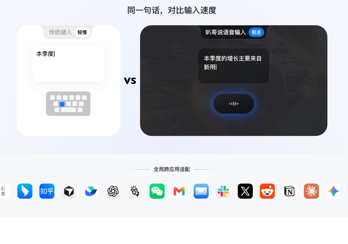 叭哥说官网展示的输入速度对比与跨应用适配