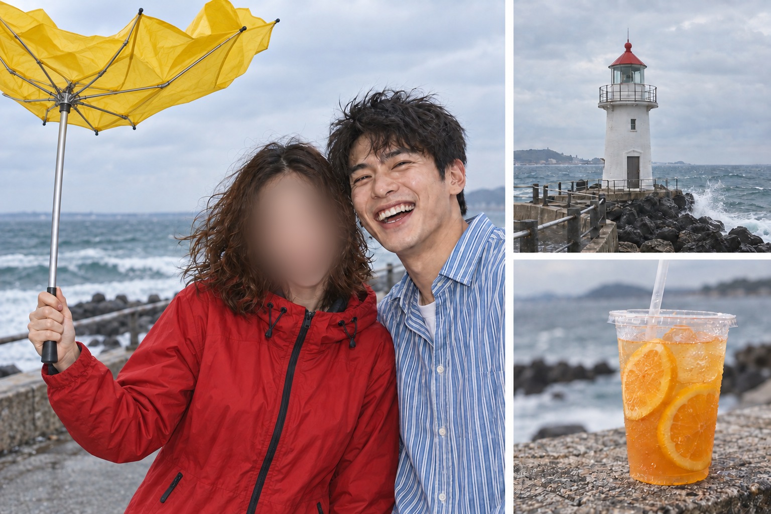 基于人物参考生成的虚构海边合影、红顶白灯塔与橙色冷饮。女生单手握伞,伞杆在人物外侧。