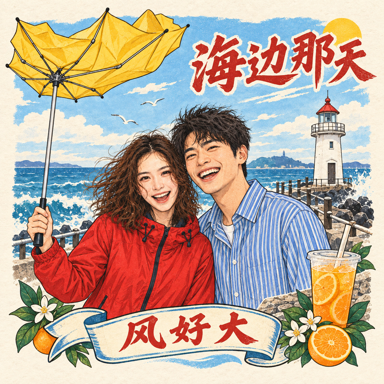 复古插画平面设计。“风好大”配着翻掉的伞,比只写地名有意思。