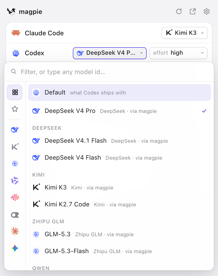 Magpie official interface · choose a model from the menu bar