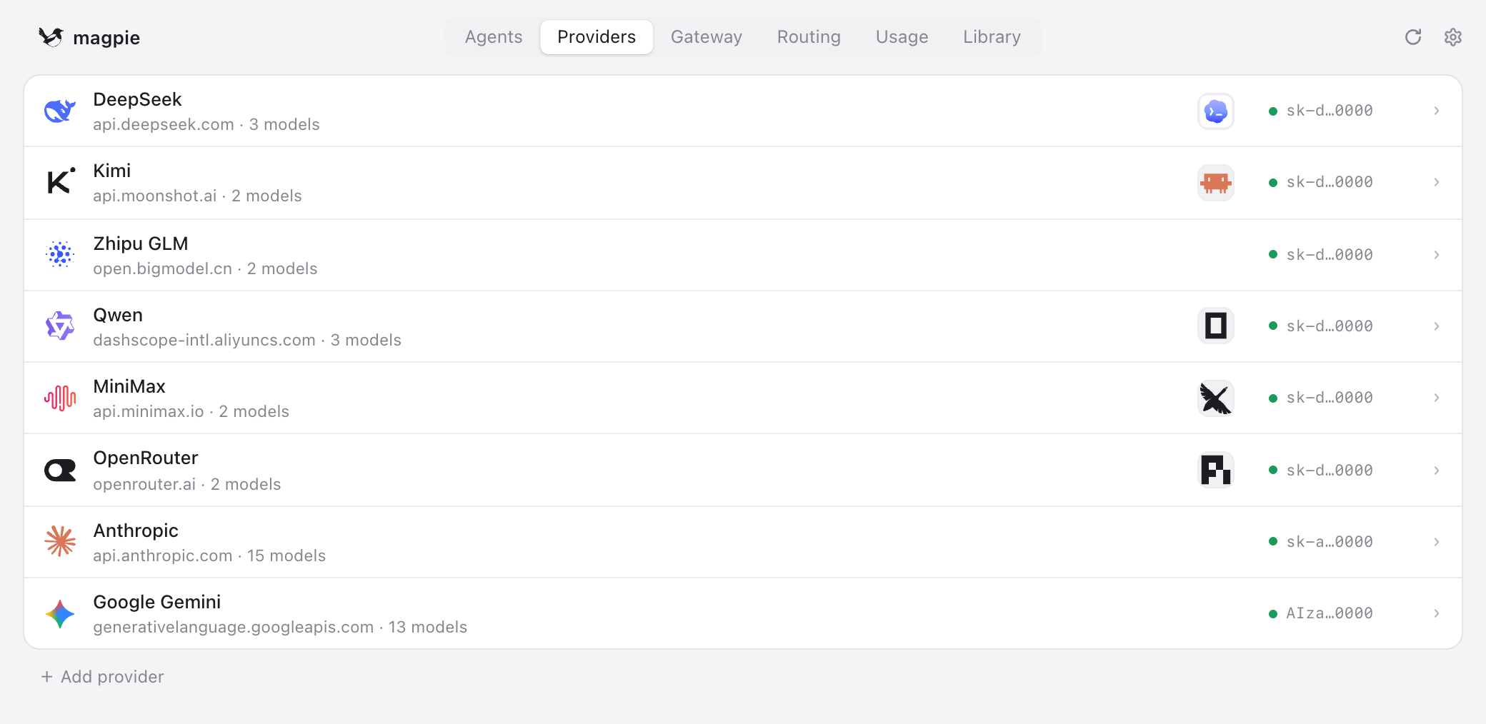Magpie official interface · manage model providers in one place