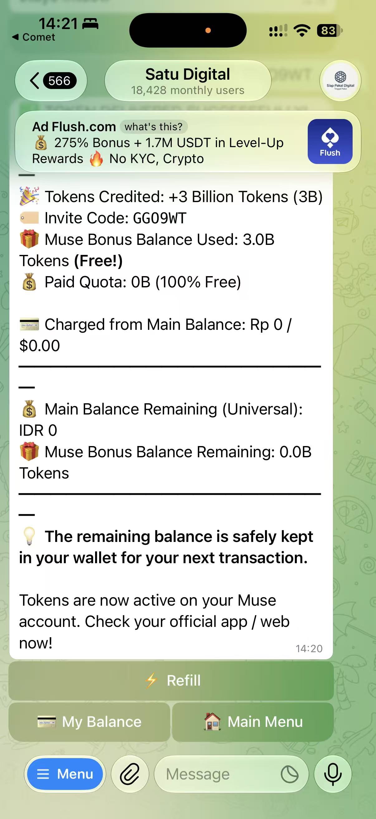 Muse token-credit receipt from the test redemption