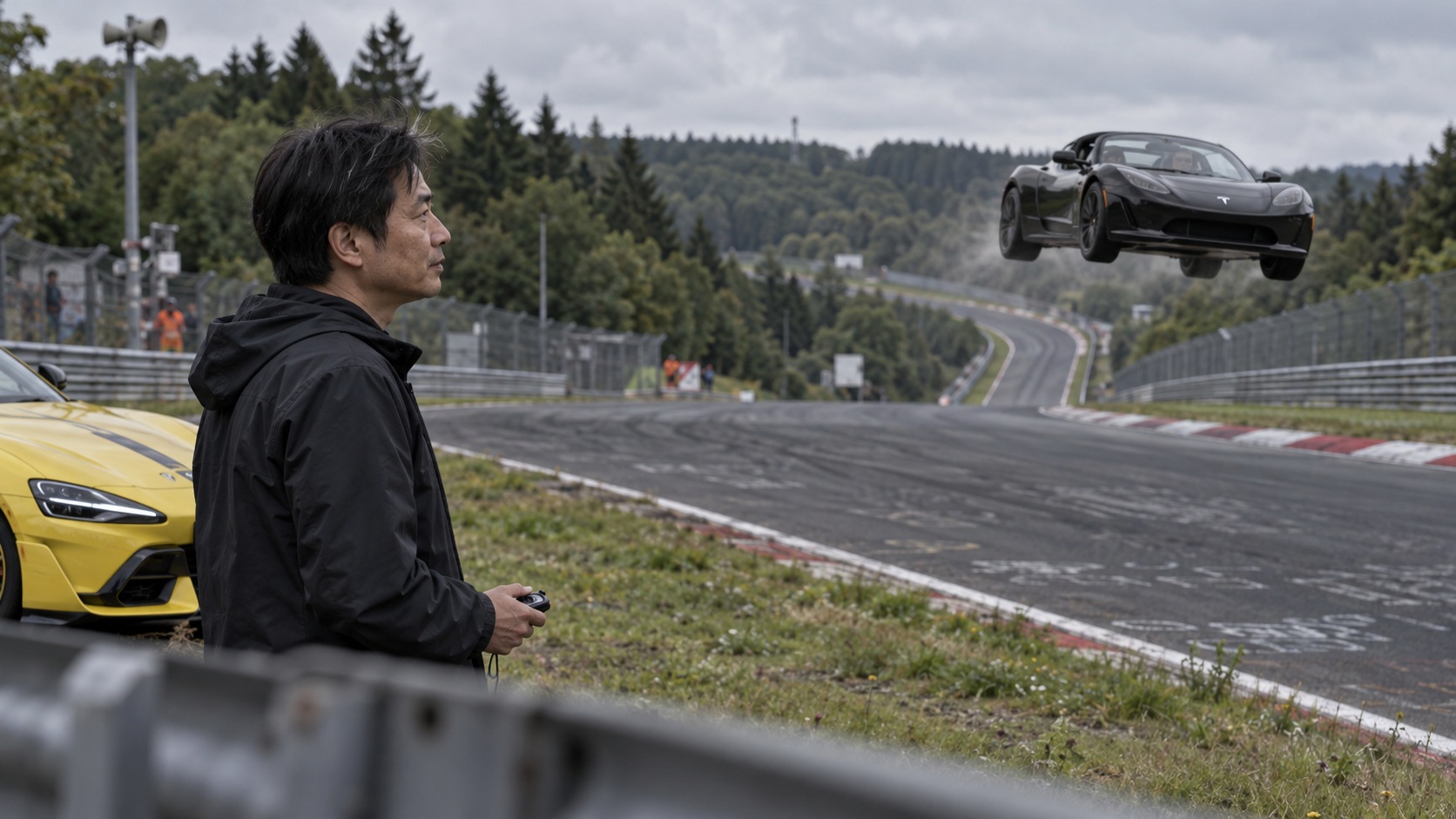 AI fictional candid-style scene: Lei Jun at the Nürburgring