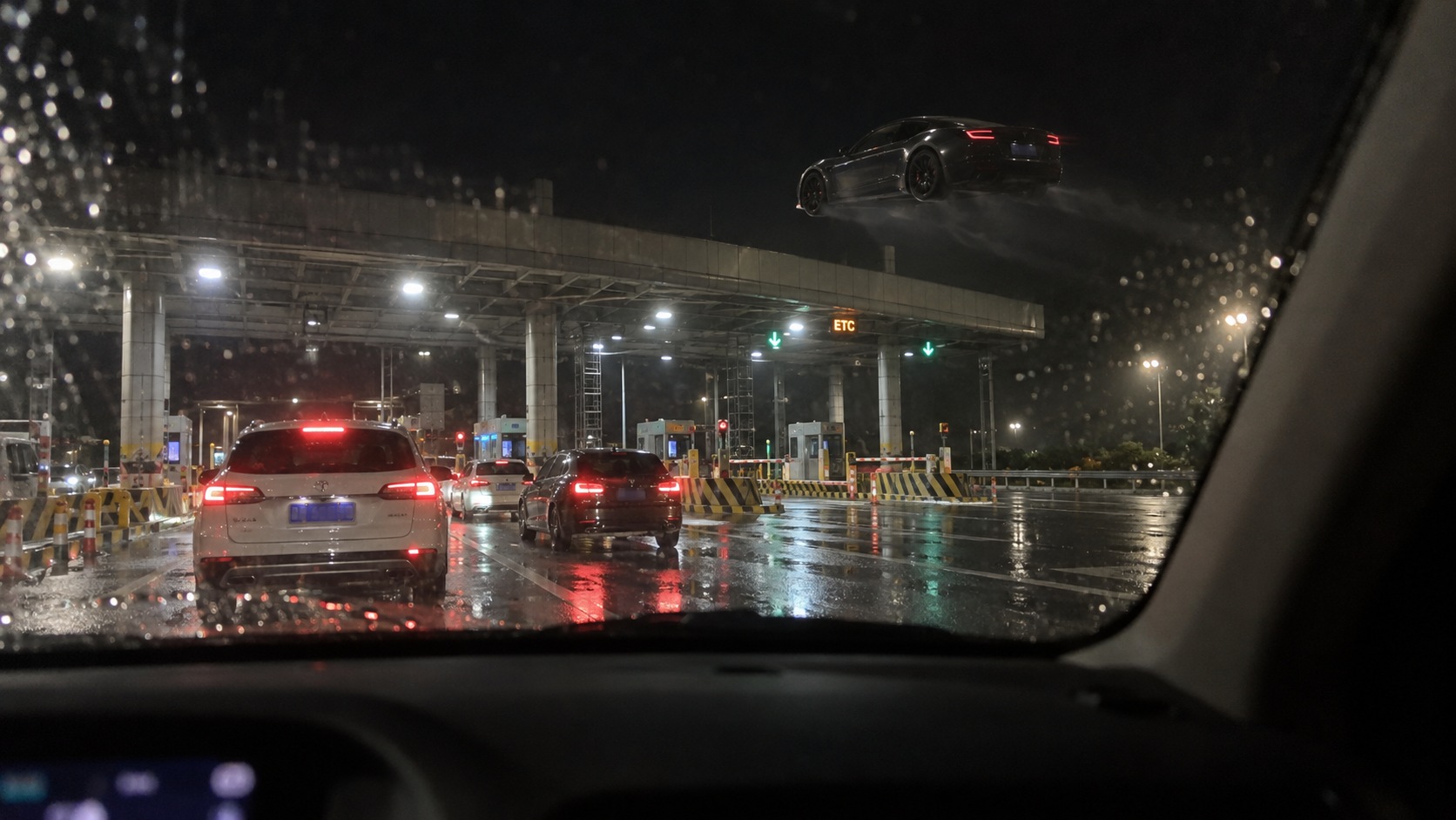 AI fictional candid-style scene: a car above a toll booth
