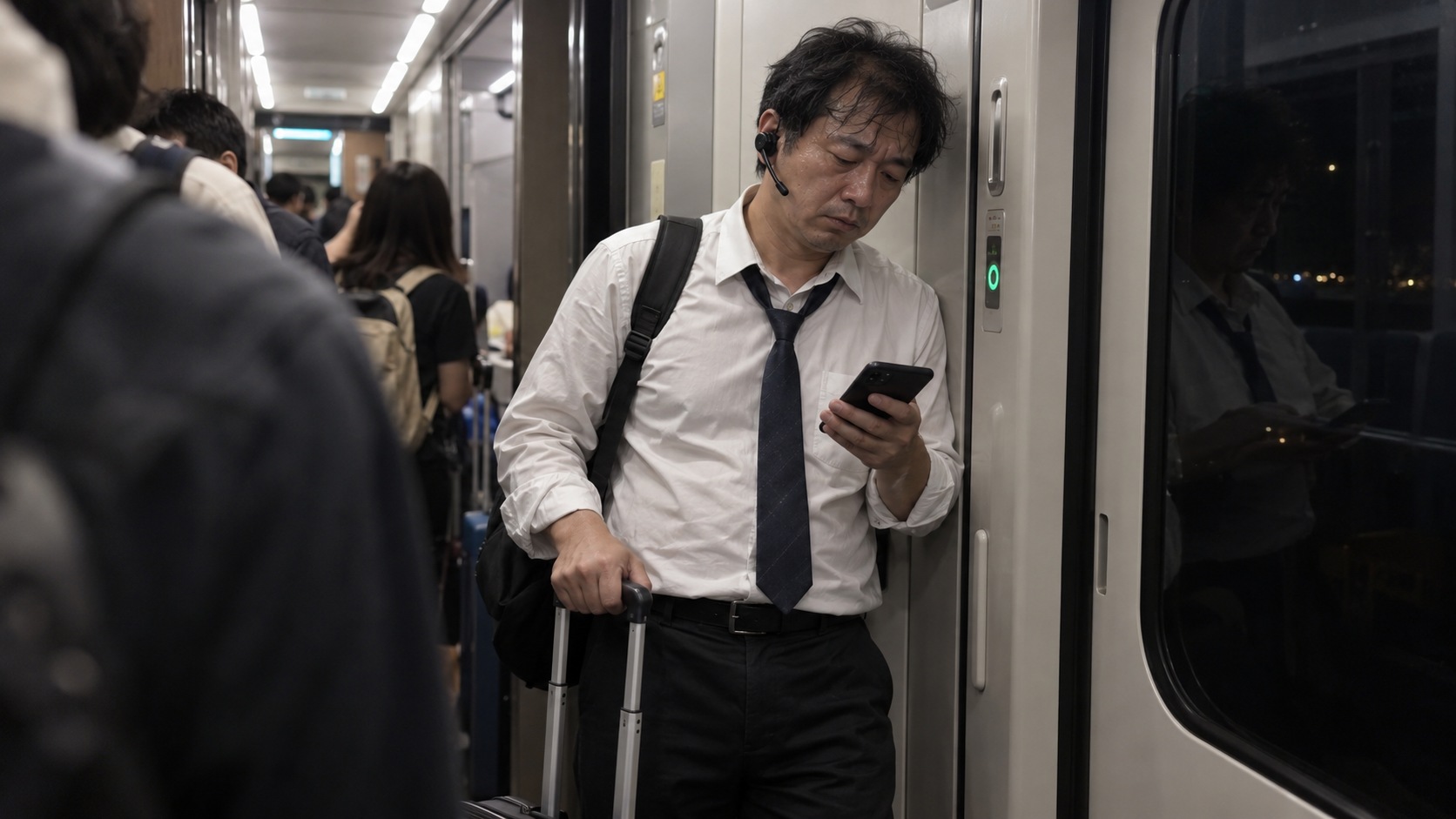 AI fictional candid-style scene: an insurance agent standing on a train