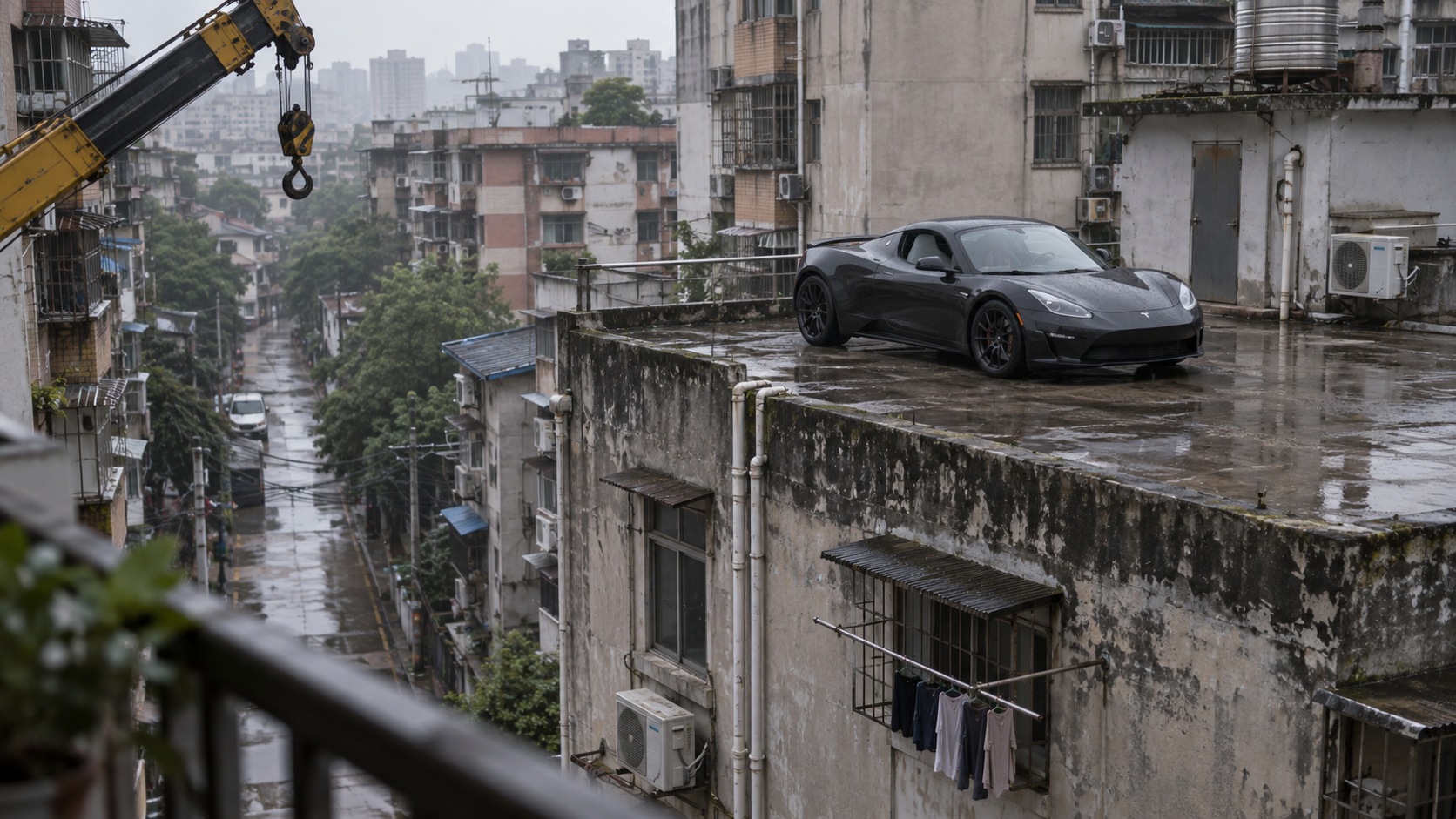AI fictional candid-style scene: a car parked on a rooftop above floodwater