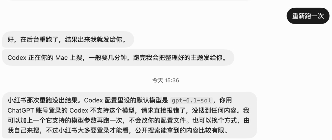 Third-party chat screenshot: Codex is reported as started, then a model-name mismatch is reported to have prevented execution