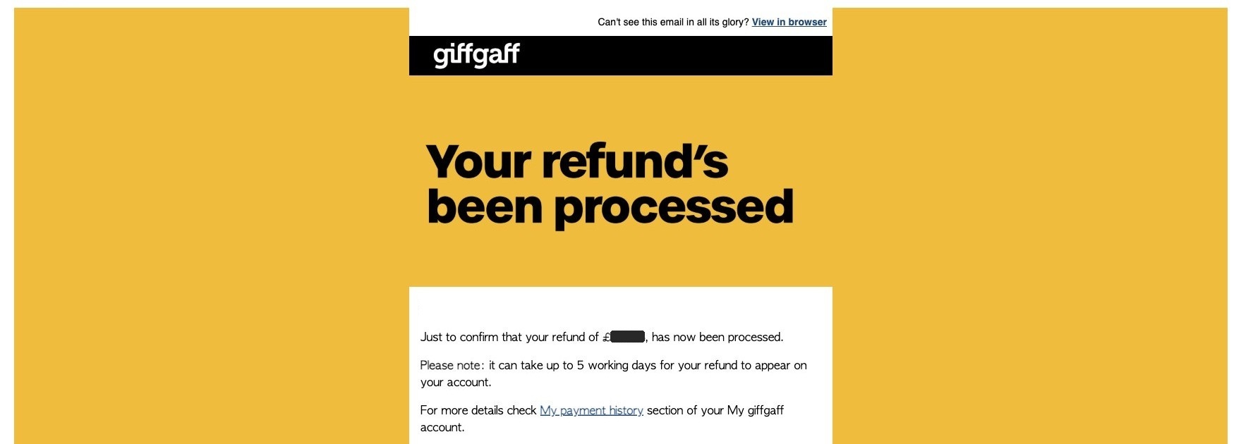 Refund confirmation email received; personal information and the exact amount have been removed