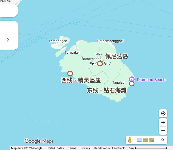 Google Maps 底图上的辅助点位与方位标注：船班 实际到达码头 → 住宿／包车 按船票确认码头；不是所有船都停同一处。
