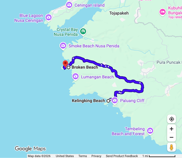 Google Maps 公路路线参考：西线 精灵坠崖 → Broken Beach → Angel’s Billabong 一天选这一侧；后两处是时间充裕时的备选。
