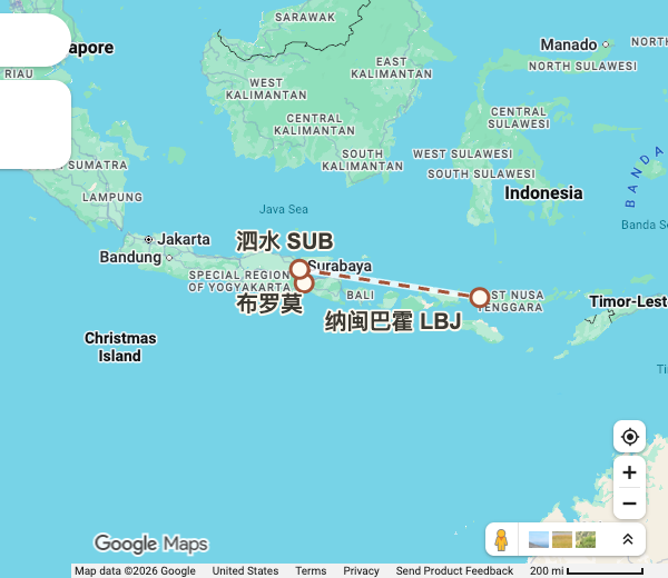 Google Maps 底图上的辅助点位与方位标注：10 月 4 日 · 凌晨吉普车进布罗莫看日出与沙海，赶回泗水飞拉布安巴焦