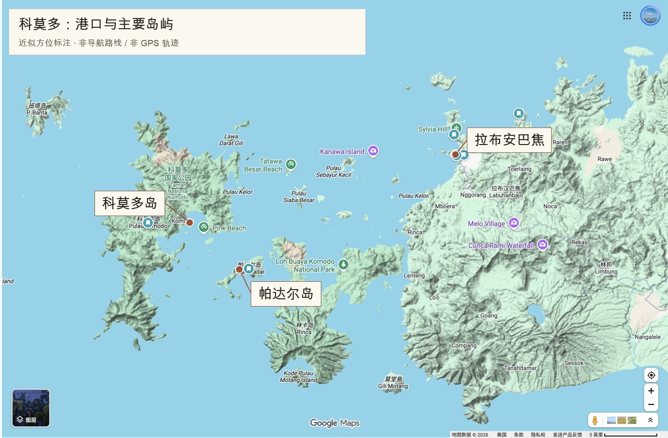 科莫多：港口与主要岛屿；近似方位，非导航