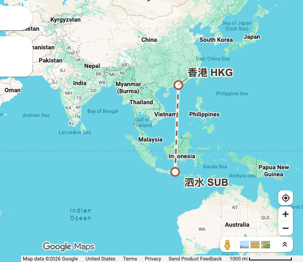 Google Maps 底图上的辅助点位与方位标注：10 月 7 日 · 泗水经中转飞回国内