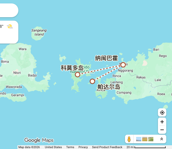 Google Maps 底图上的辅助点位与方位标注：10 月 5 日 · 科莫多国家公园包快艇跳岛一日游