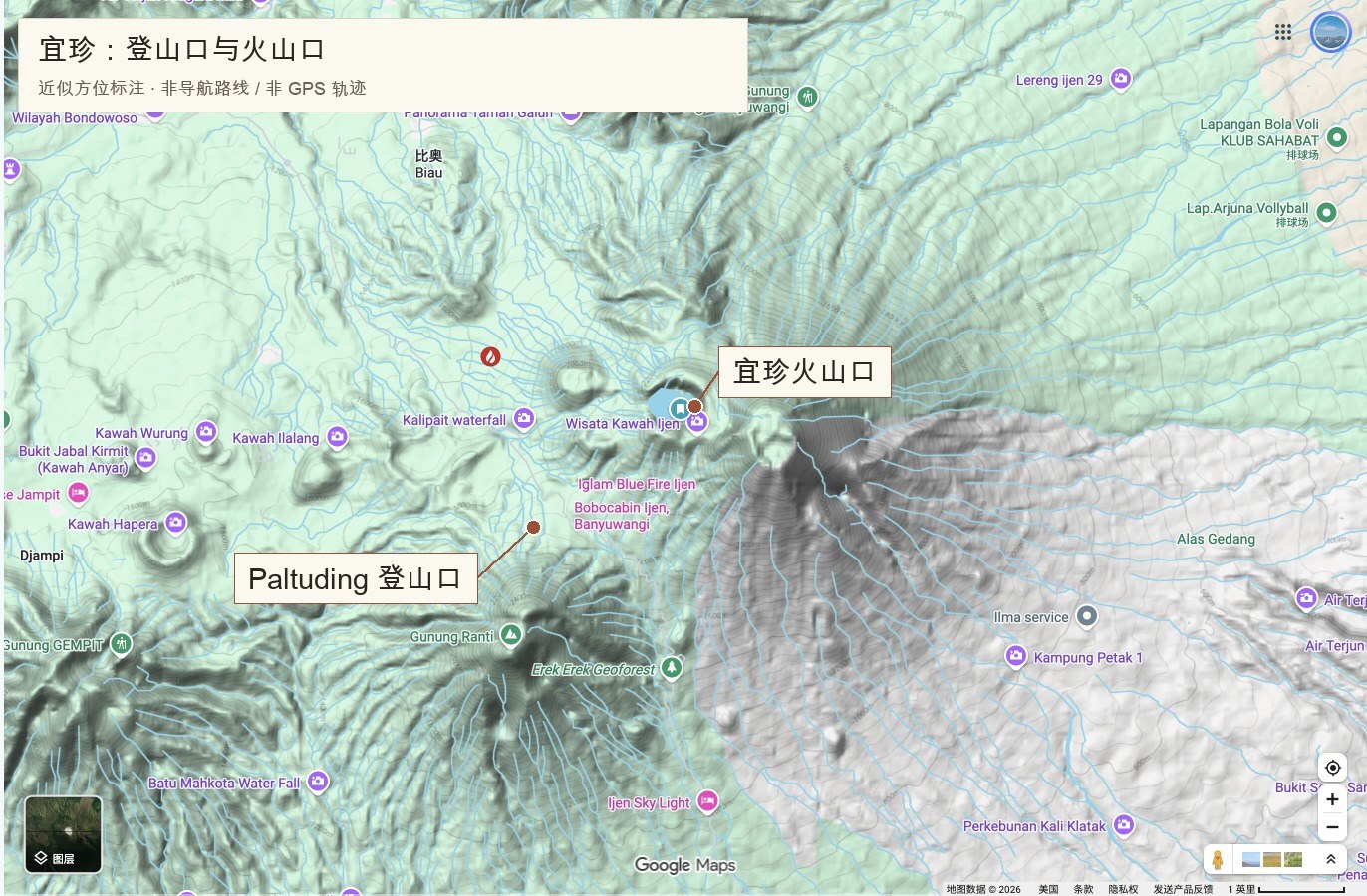 宜珍：登山口与火山口；近似方位，非导航