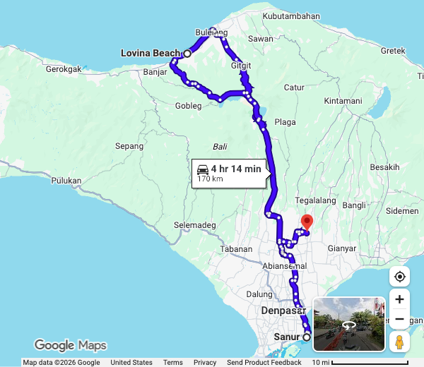 Google Maps 公路路线参考：第三次 接送 Sanur → 罗威纳 → 乌布 约凌晨 3 点接车，到 13:00；若不想熬夜，改为前晚住北部。