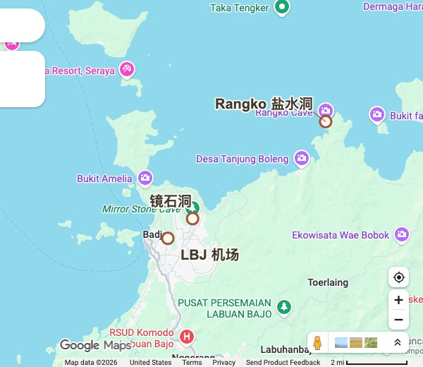 Google Maps 底图上的辅助点位与方位标注：10 月 6 日 · 探访陆地景点：镜子洞与 Rangko 溶洞，傍晚飞回泗水
