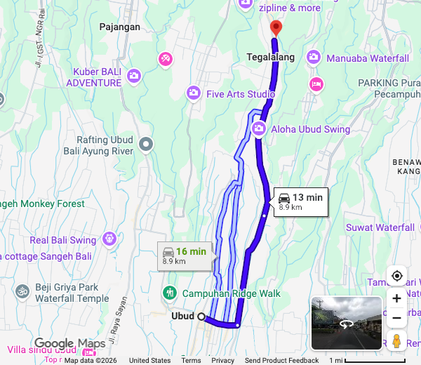 Google Maps 公路路线参考：内陆 乌布 → Alas Harum 住乌布时安排梯田园区。