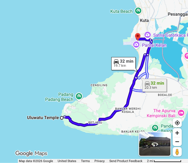 Google Maps 公路路线参考：南部 乌鲁瓦图 → DPS 机场 海崖与表演单独留傍晚；飞机按自己的班次另排。