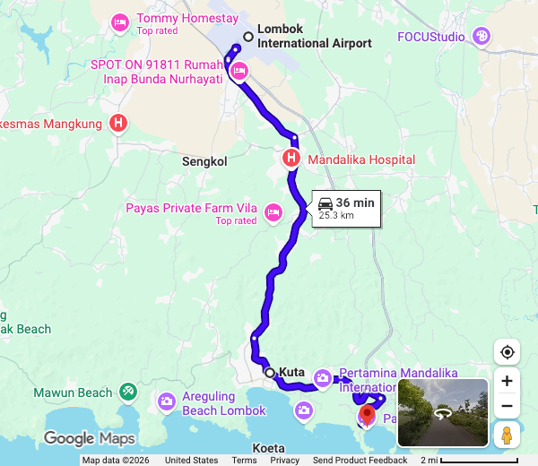 Google Maps 公路路线参考：南部 机场 LOP → Kuta Lombok → Tanjung Aan 以南部海岸为主，住同一区域。