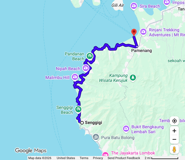 Google Maps 公路路线参考：西北 Senggigi → Bangsal → 吉利群岛 另一组可选安排，不是作者全部到访路线。