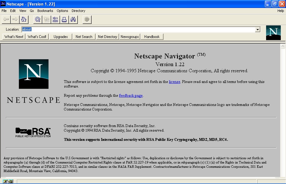 Netscape Navigator 1.22 浏览器窗口，显示 about 页面