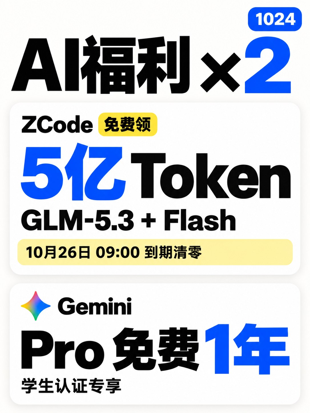 Two AI perks: 500M free ZCode tokens (GLM-5.3 + Flash, expiring Oct 26 at 09:00) and a free year of Gemini Pro with student verification